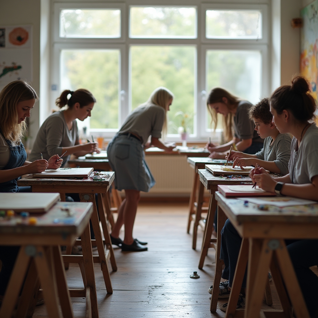 Uczestnicy warsztatów pracują przy stolikach w jasnym studiu malarskim