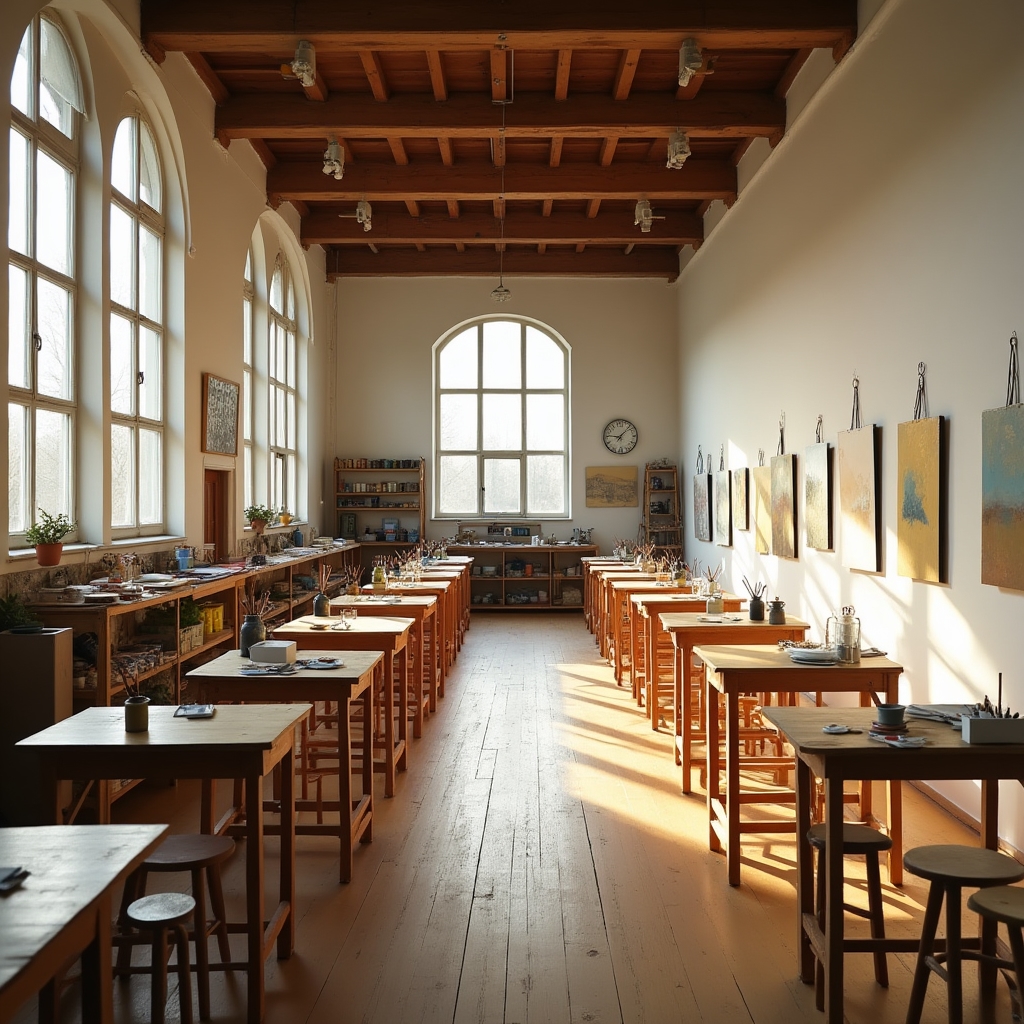 Wnętrze studia malarskiego z drewnianymi stolikami i naturalnym światłem