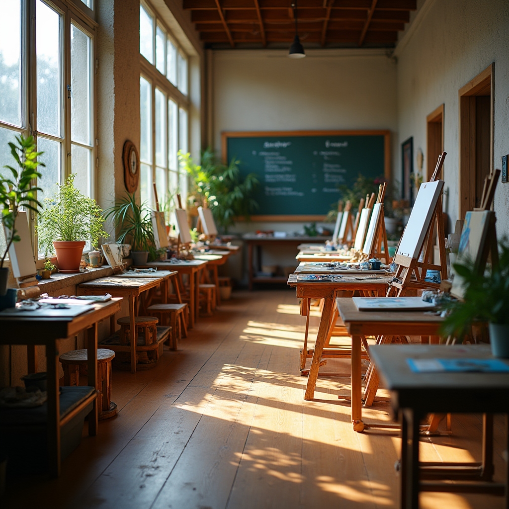 Widok na przestrzeń roboczą studia z sztalugami i miejscami do malowania